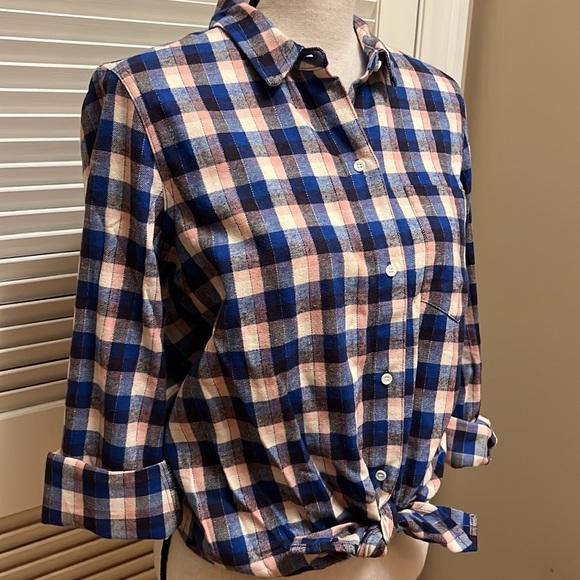 26.Madewell Plaid Flannel Tie-Front Shirt in Blue Shadow, Size Medium, NWOT - Picture 7 of 17